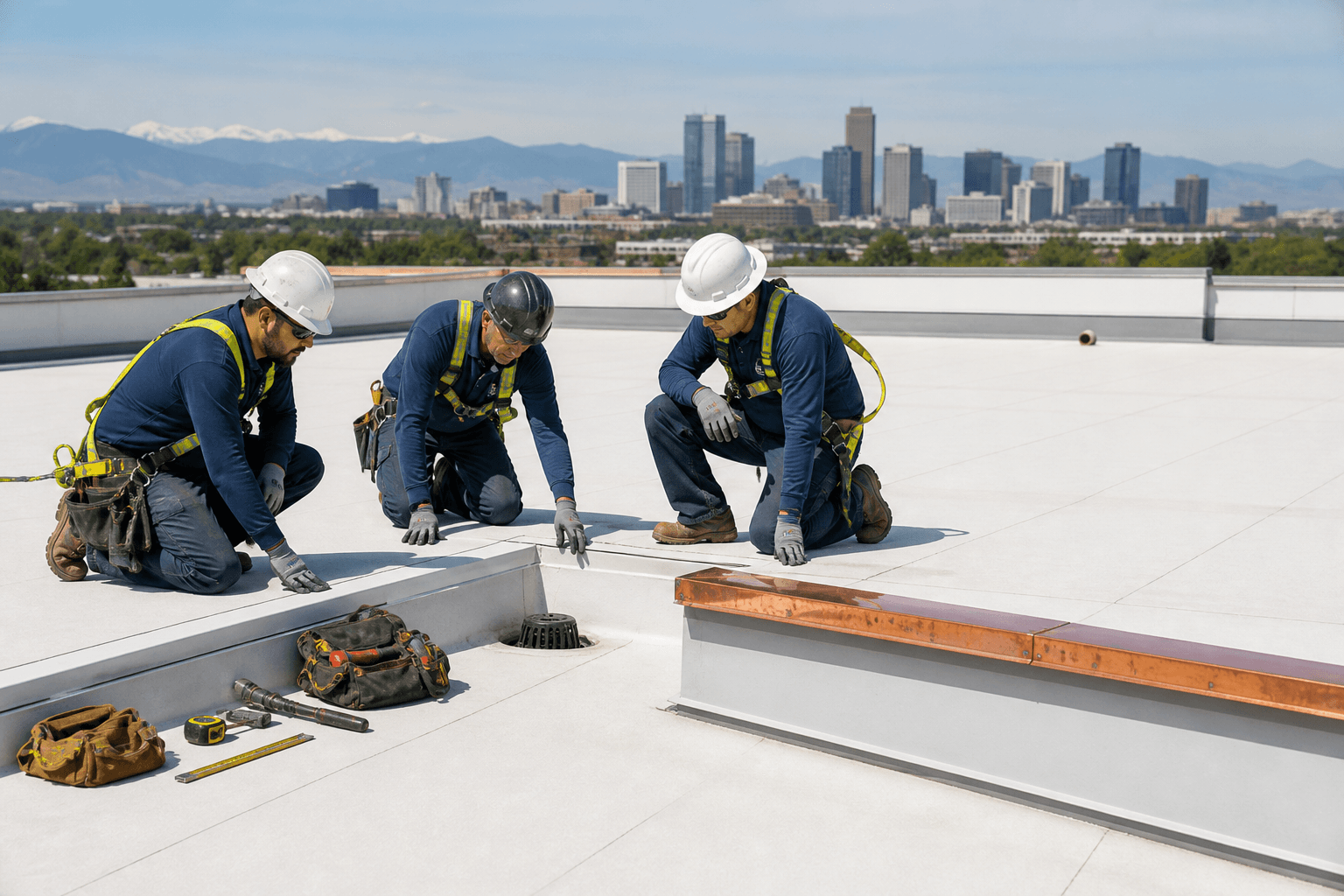 Commercial roofing team reviewing a Denver low-slope roof