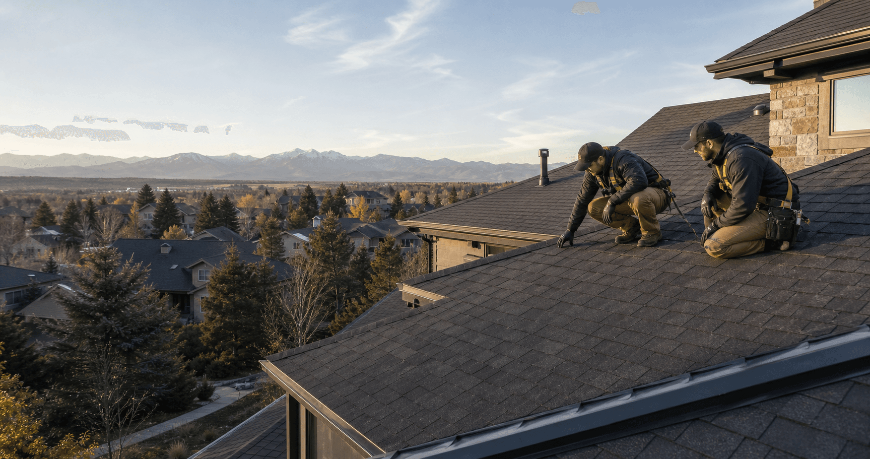 Roofing professionals inspecting a Denver home with the Front Range in view